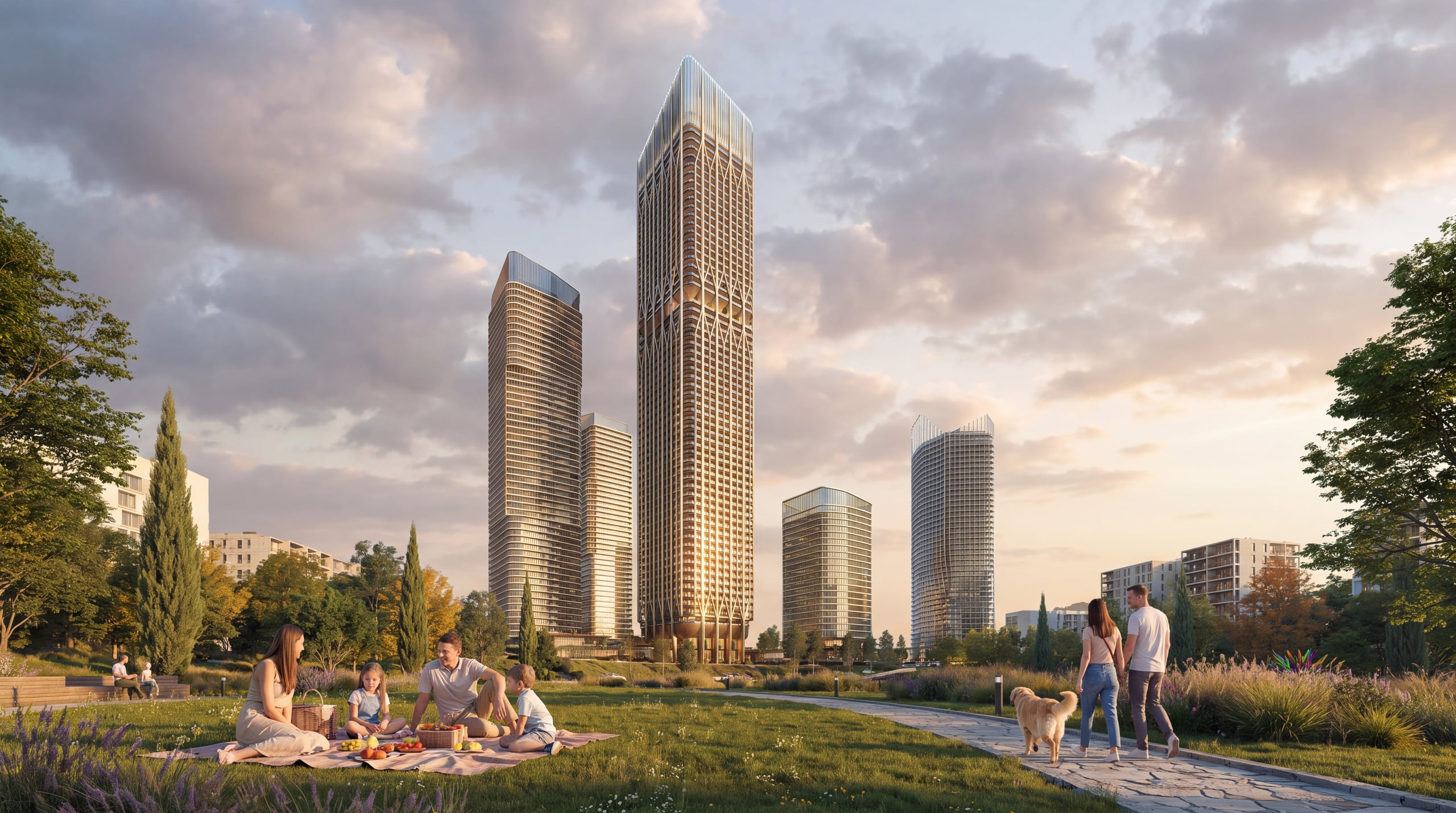 The Central Park frontage in the afternoon, looking towards the towers.