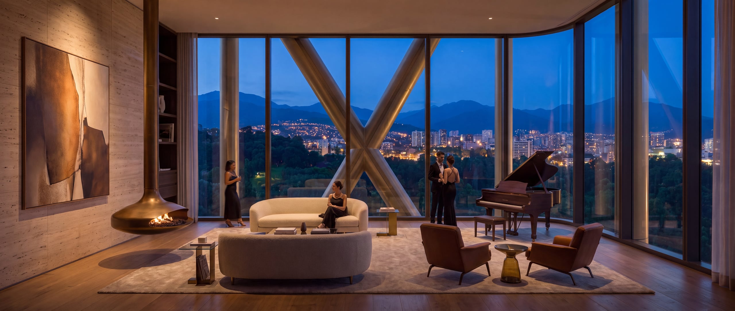 The penthouse living area at dusk.