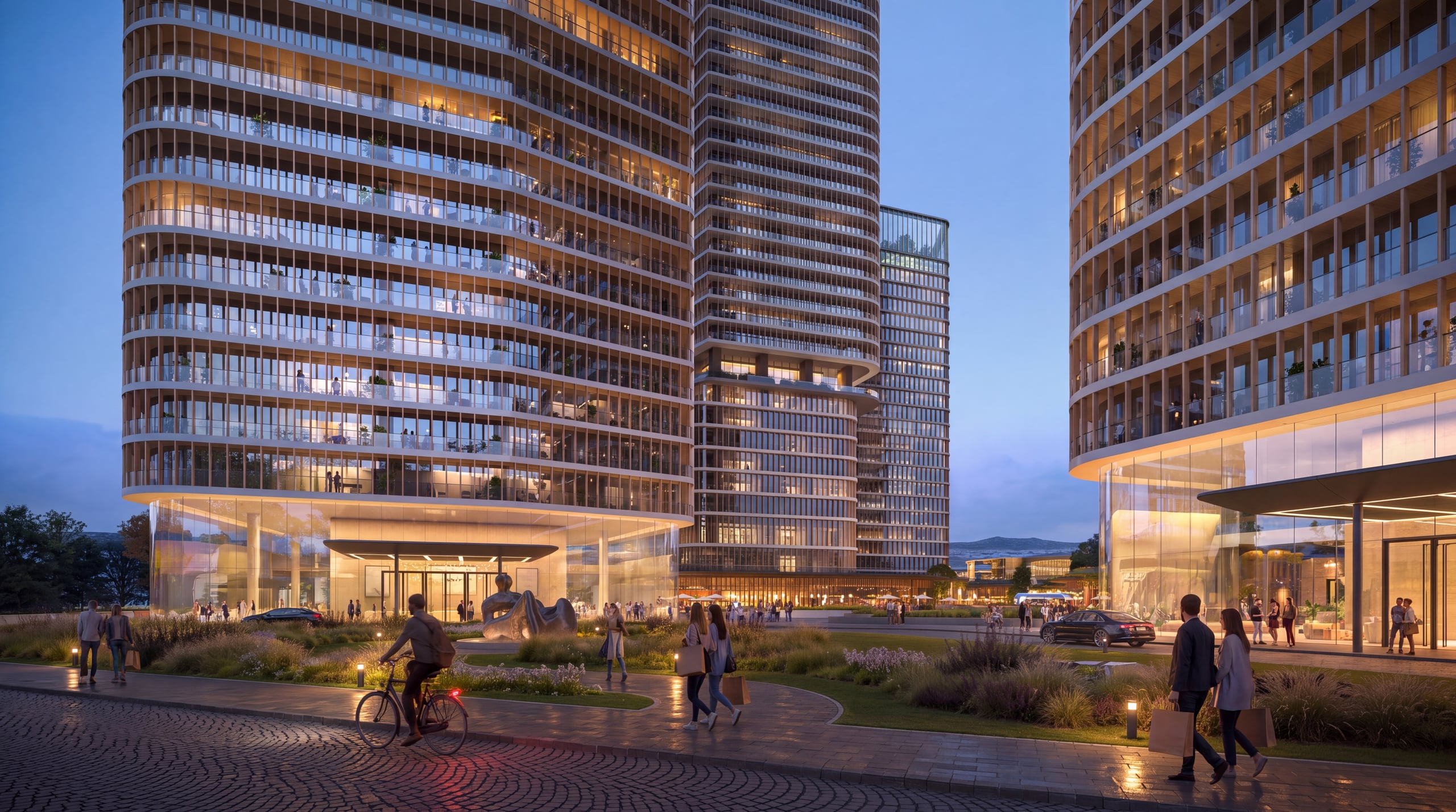 The retail promenade at dusk.