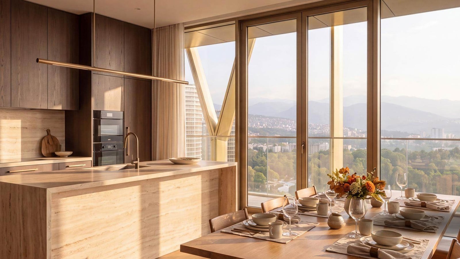 A kitchen in dark timber and travertine, its island facing a dining table laid at the full-height glass, with the valley and the ridgelines beyond.