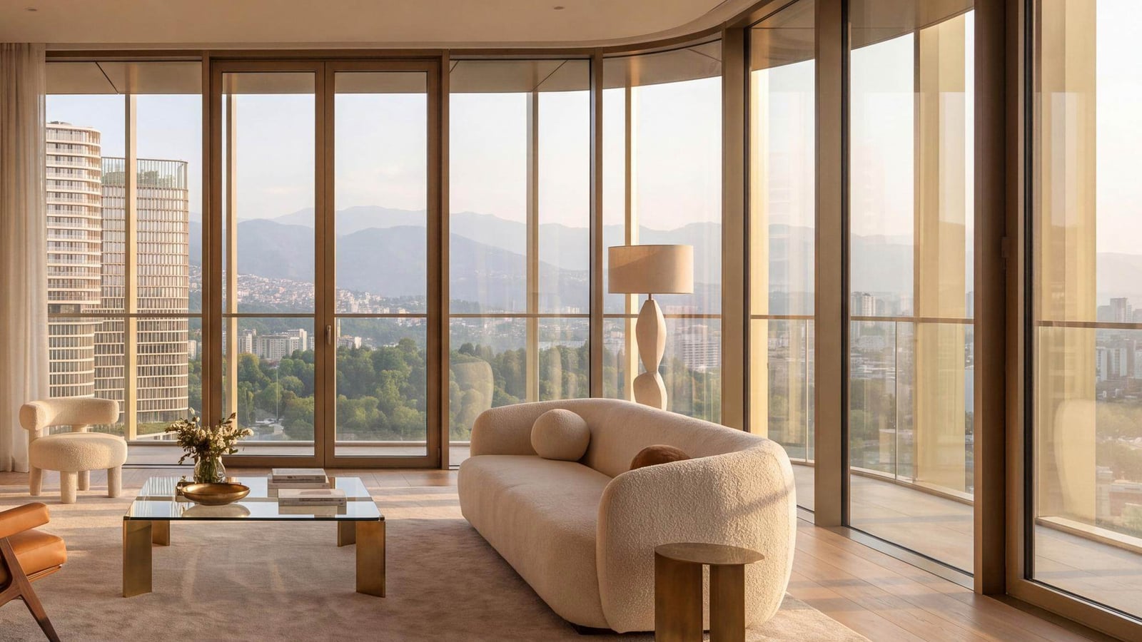 A corner living room by day, with curved floor-to-ceiling glazing, a bouclé sofa and a glass coffee table, looking out over the park, a neighbouring tower and the ridgelines beyond.