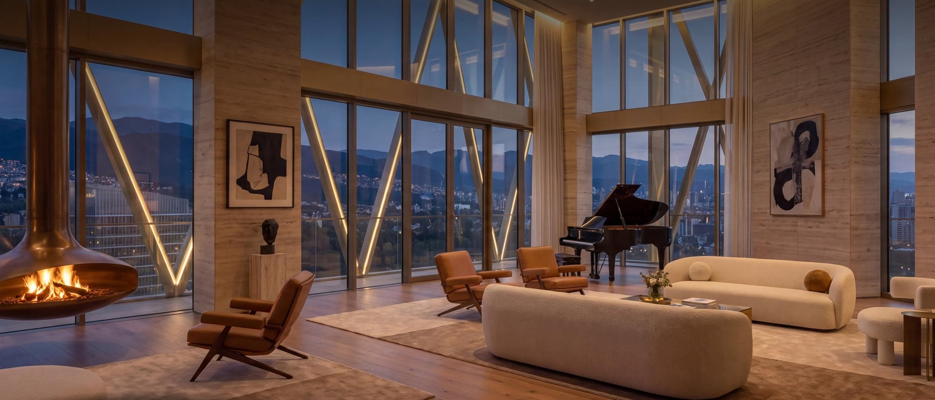 A double-height penthouse living room at dusk, lit gold columns crossing the full-height glazing, a suspended fireplace, a grand piano and bouclé sofas, with the city and the ridgelines beyond.