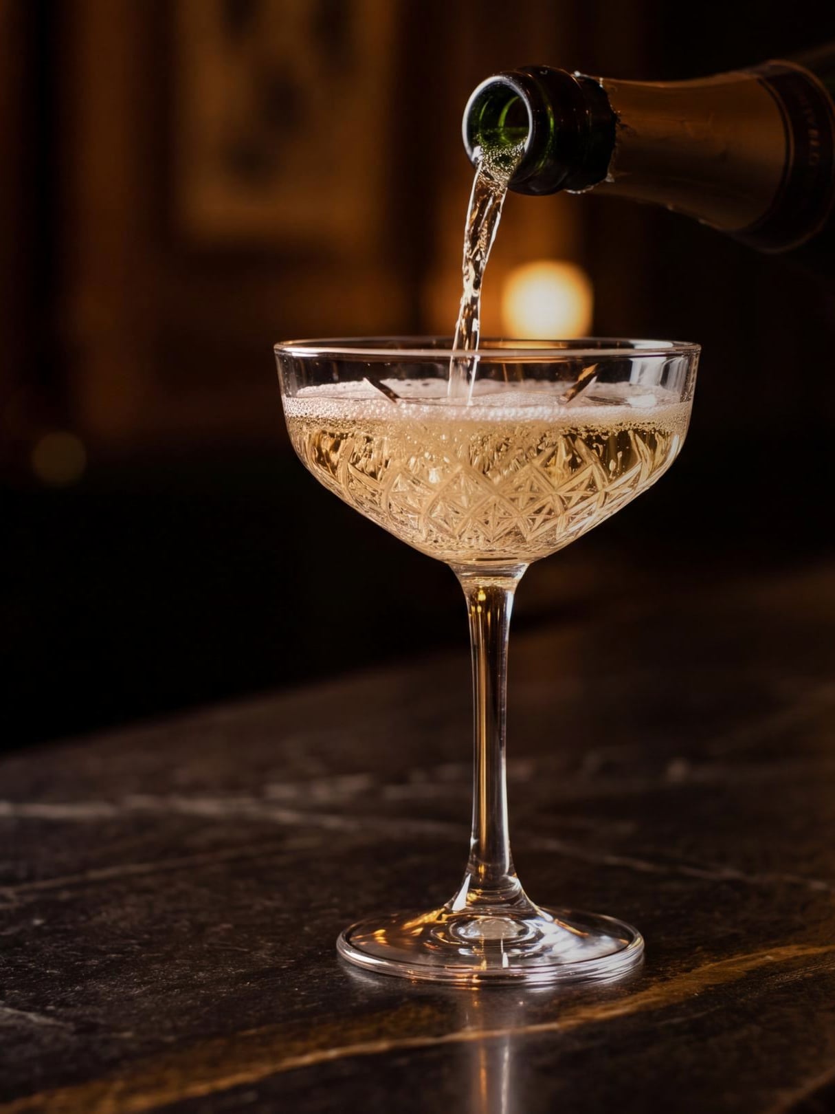 Champagne poured into a coupe on a dark stone bar, in low light.