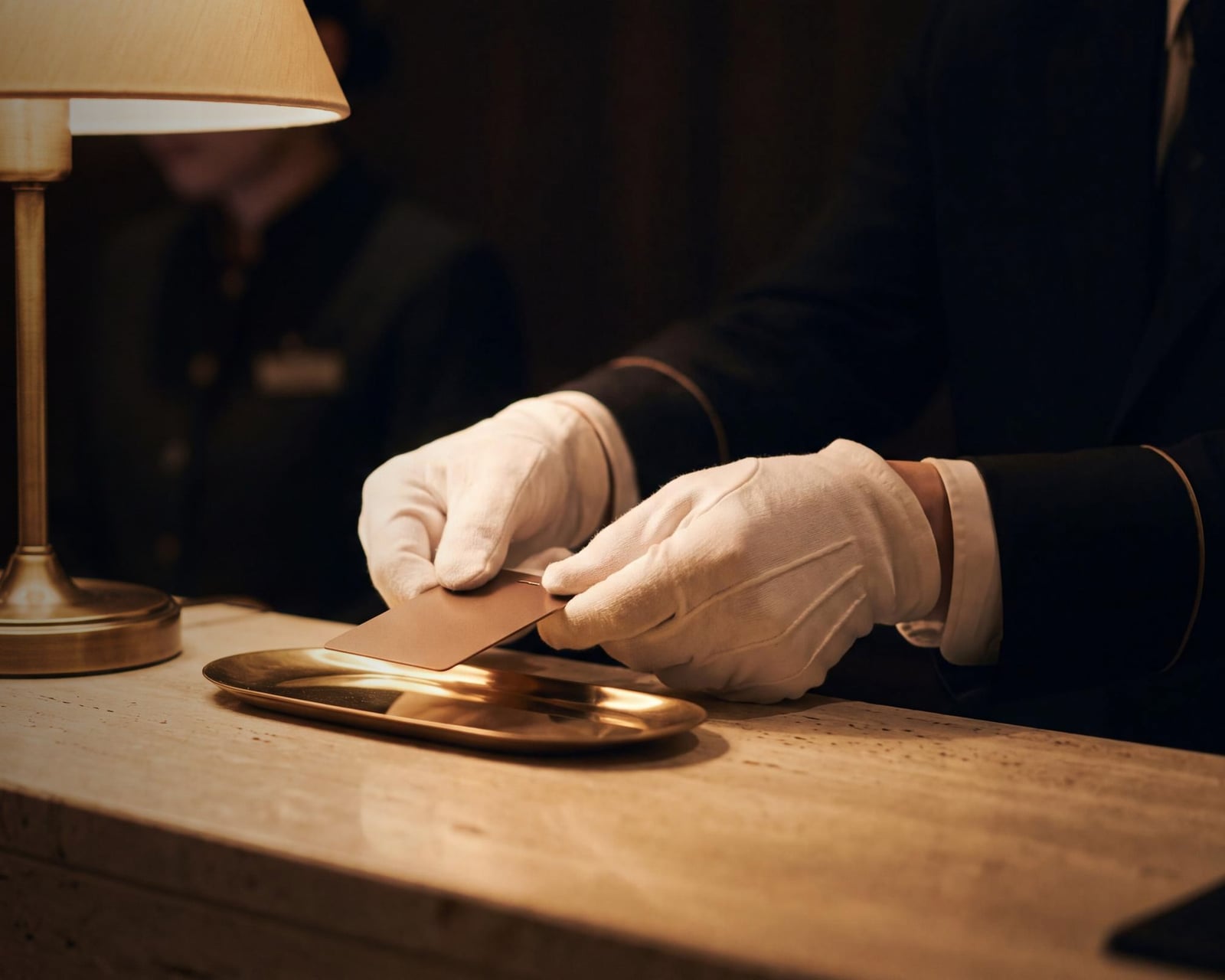 A gloved hand setting a key card on a brass tray at the concierge desk, under a lamp.