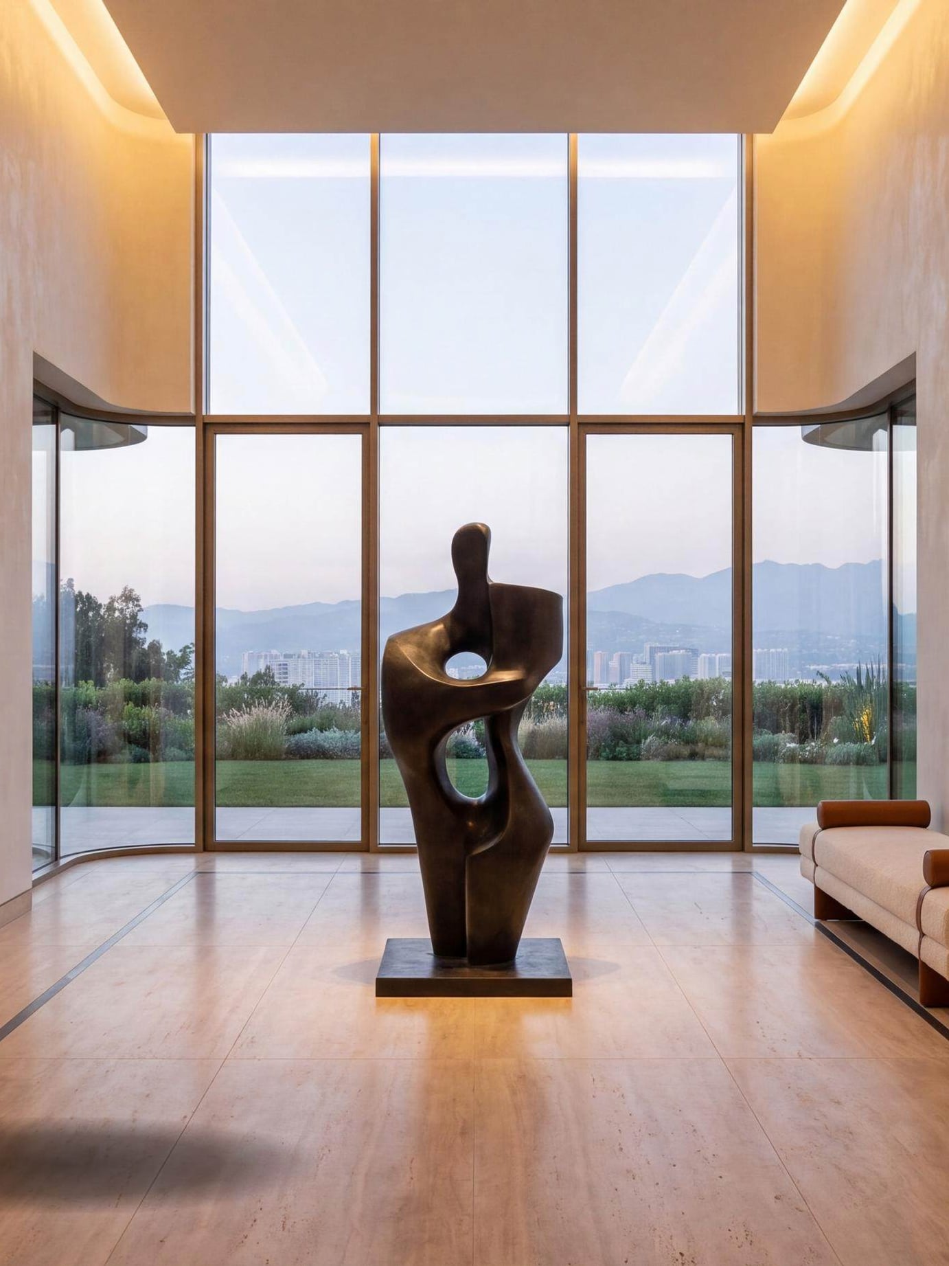 The double-height grand lobby, a bronze sculpture on the axis before full-height glazing onto the garden and the mountains.