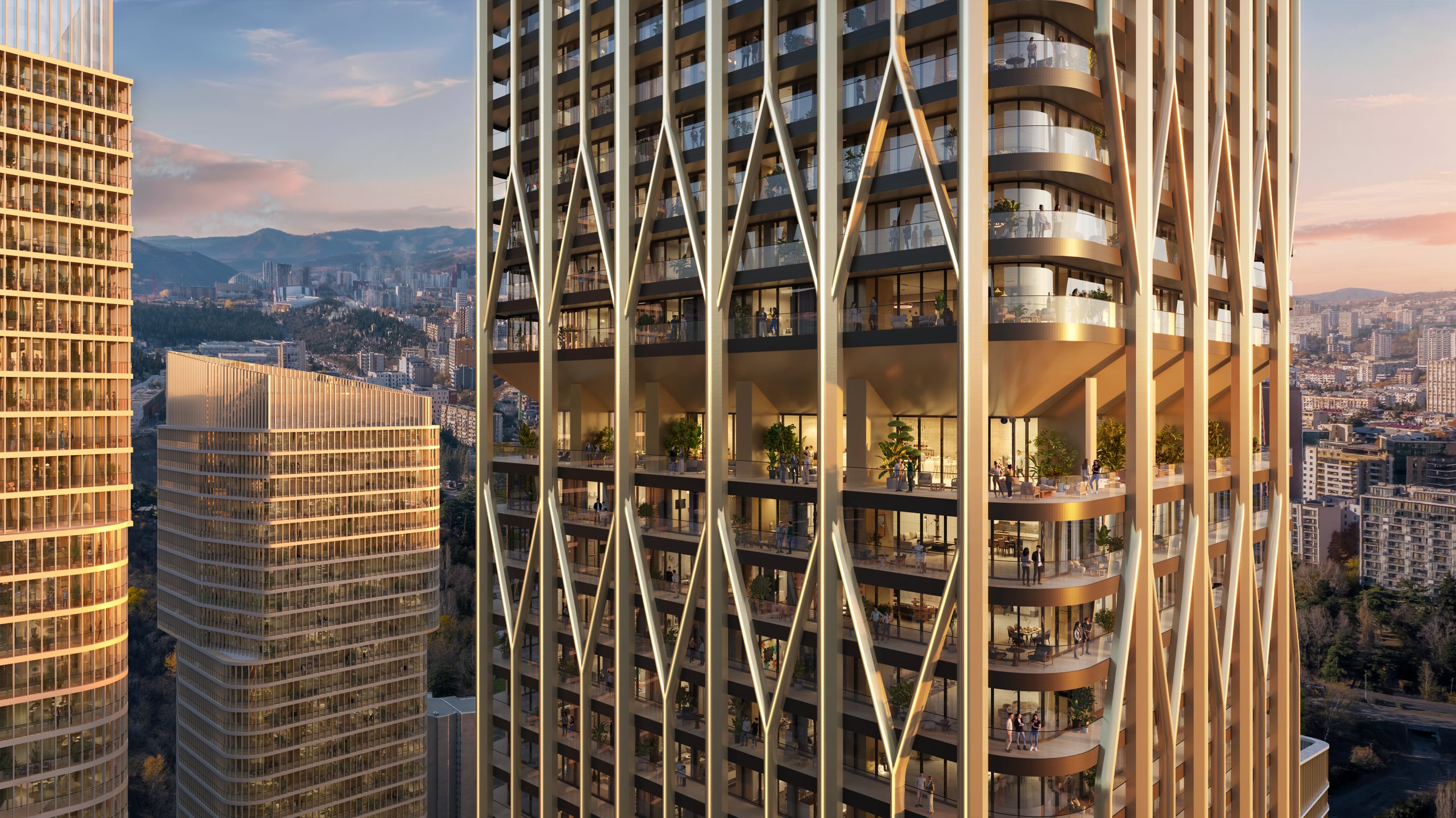 A close view of the tower facade at golden hour, its gold Y-shaped columns framing the balconies and the amenity level.